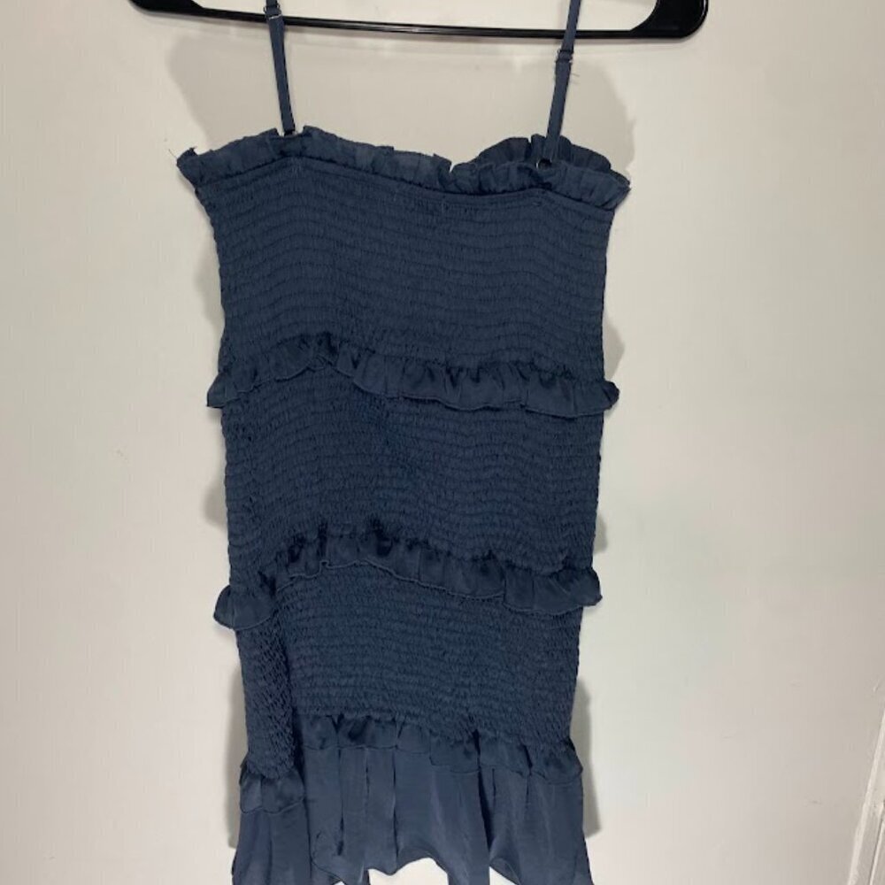 Mable Navy Satin Smocked Ruffle Mini Dress - Picture 5 of 6